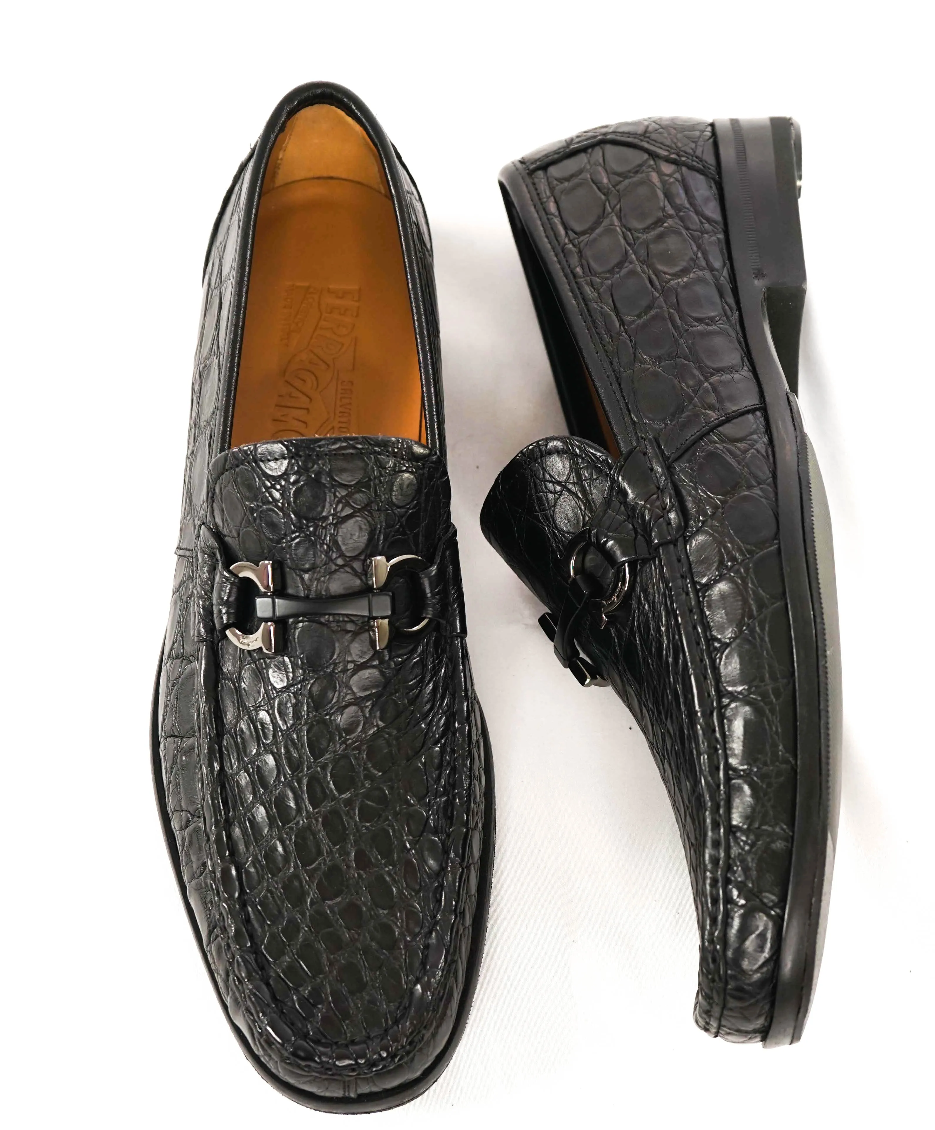 $2,200 SALVATORE FERRAGAMO -“GRANDIOSO" Gancini CROCODILE Black Loafer - 11 D