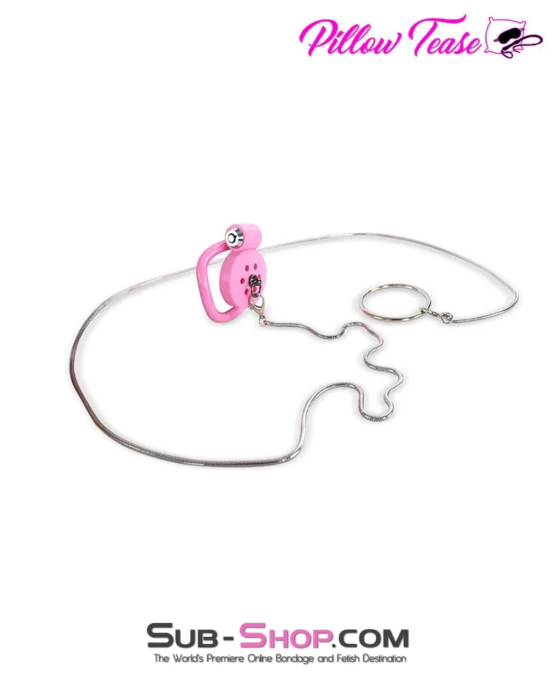 9020DL  Ultra-Secure Flat Pink Locking Chastity Cage with Lead Chain & 5 Base Rings