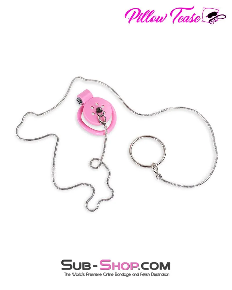 9020DL  Ultra-Secure Flat Pink Locking Chastity Cage with Lead Chain & 5 Base Rings