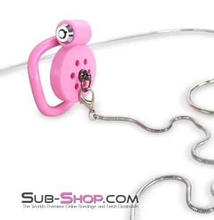9020DL  Ultra-Secure Flat Pink Locking Chastity Cage with Lead Chain & 5 Base Rings