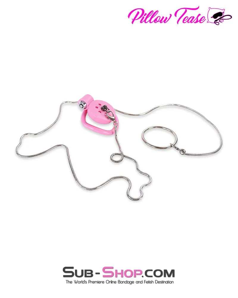 9020DL  Ultra-Secure Flat Pink Locking Chastity Cage with Lead Chain & 5 Base Rings