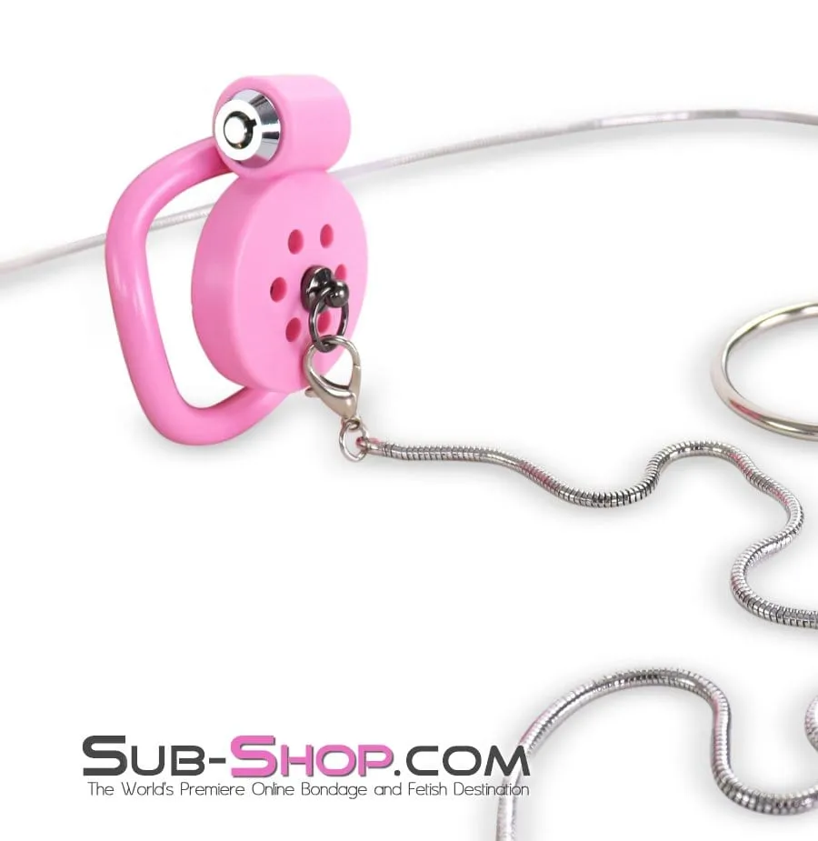 9020DL  Ultra-Secure Flat Pink Locking Chastity Cage with Lead Chain & 5 Base Rings