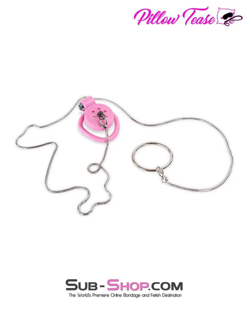9020DL  Ultra-Secure Flat Pink Locking Chastity Cage with Lead Chain & 5 Base Rings