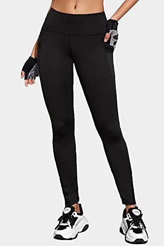 BLINKIN Women's Stretch Fit Yoga Pants & Tights with Mesh Insert & Side Pockets(2012,Color_Black,Size_M)