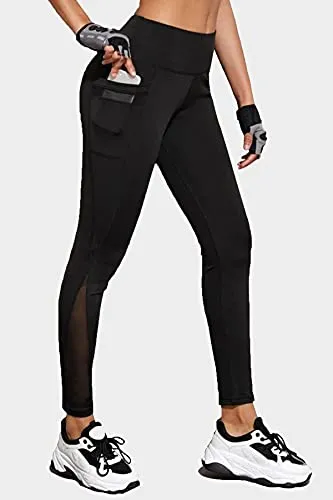 BLINKIN Women's Stretch Fit Yoga Pants & Tights with Mesh Insert & Side Pockets(2012,Color_Black,Size_M)