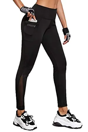 BLINKIN Women's Stretch Fit Yoga Pants & Tights with Mesh Insert & Side Pockets(2012,Color_Black,Size_M)