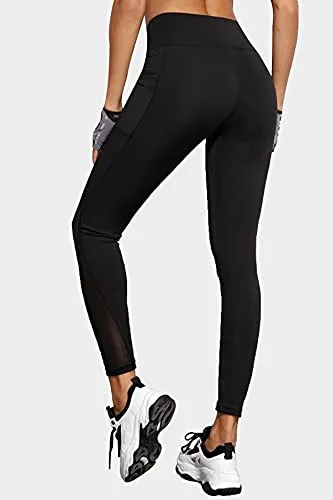 BLINKIN Women's Stretch Fit Yoga Pants & Tights with Mesh Insert & Side Pockets(2012,Color_Black,Size_M)