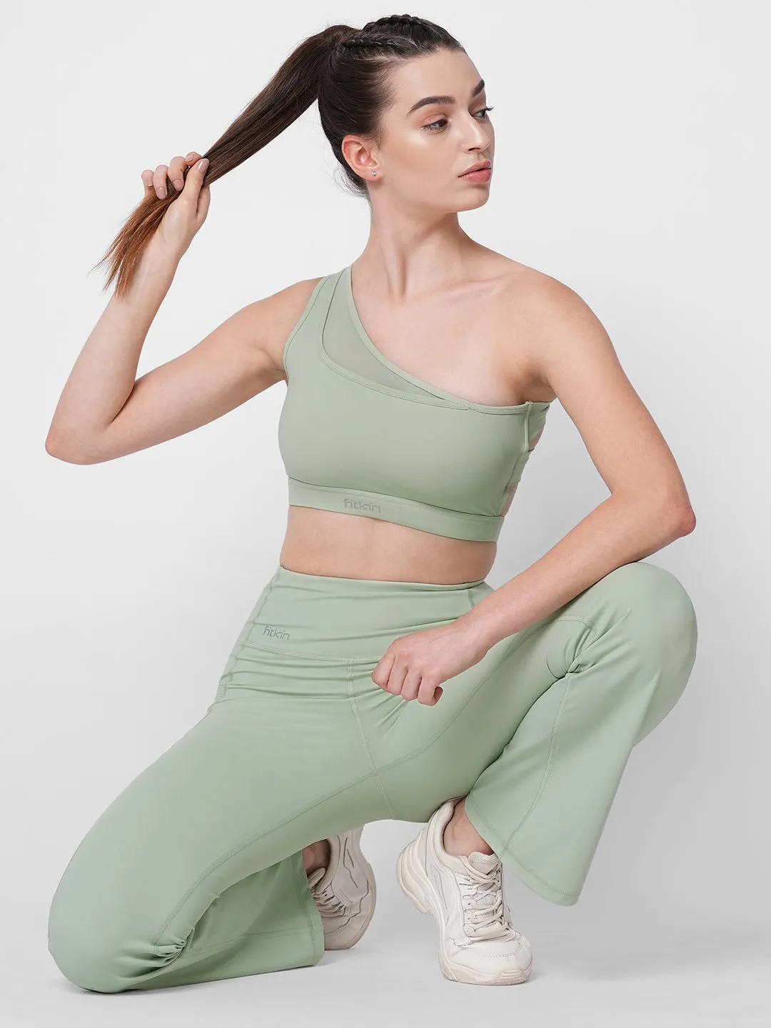 Fitkin Green One Shoulder Sports Bra With Front Net Detail
