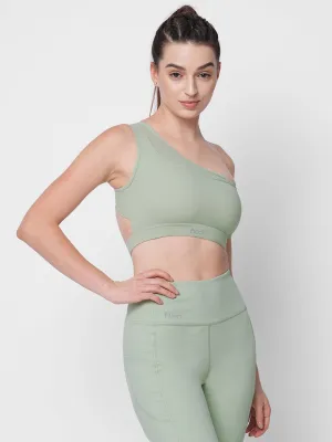 Fitkin Green One Shoulder Sports Bra With Front Net Detail