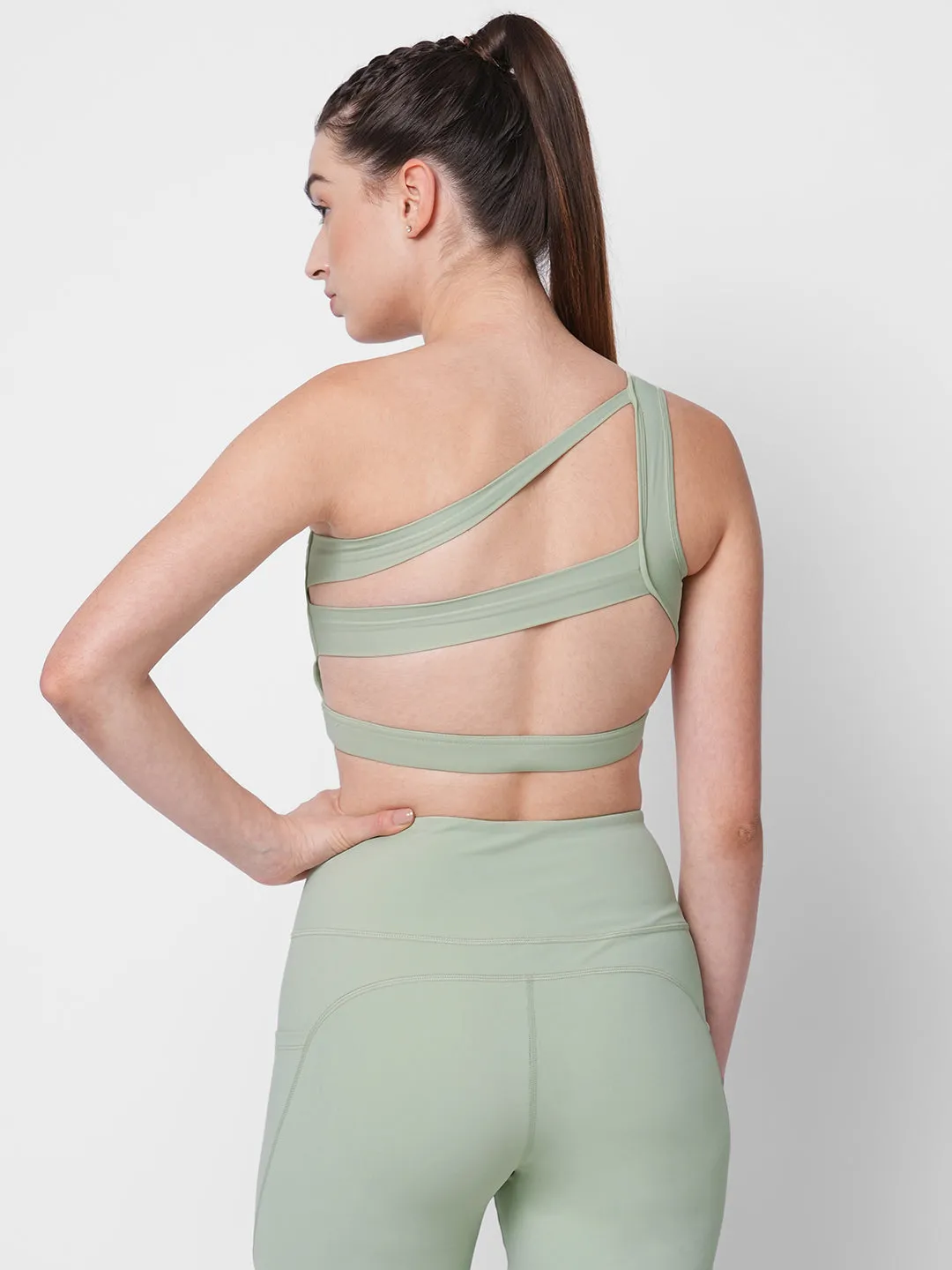 Fitkin Green One Shoulder Sports Bra With Front Net Detail