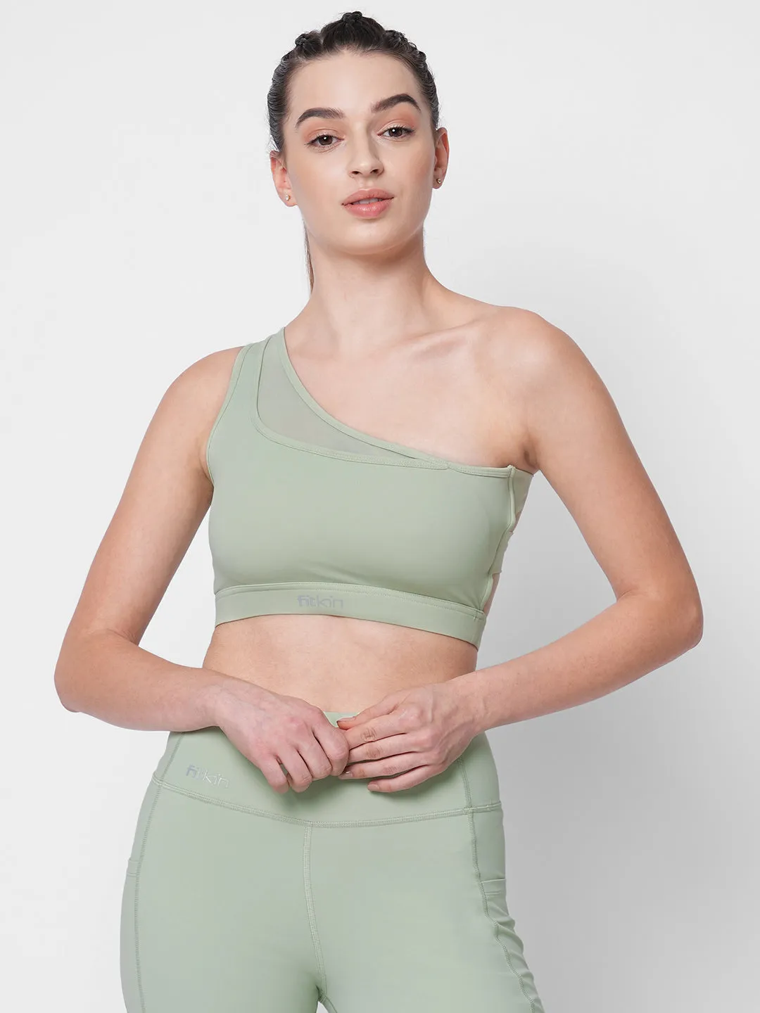 Fitkin Green One Shoulder Sports Bra With Front Net Detail