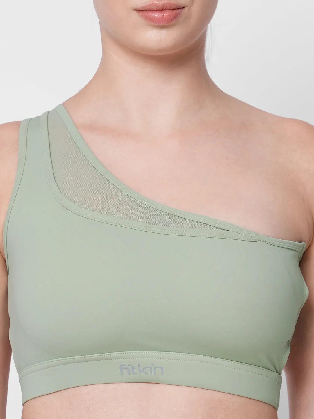 Fitkin Green One Shoulder Sports Bra With Front Net Detail
