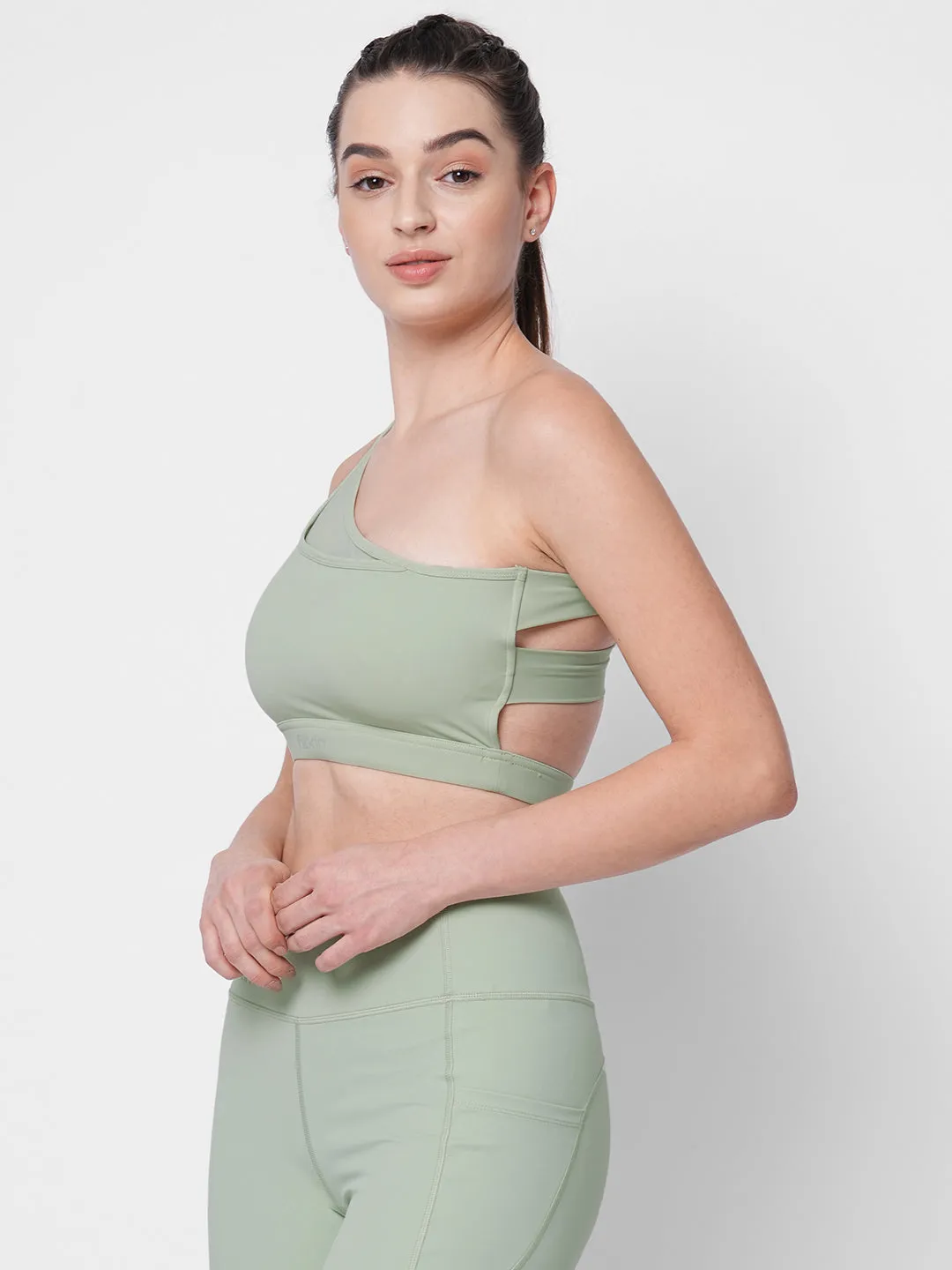 Fitkin Green One Shoulder Sports Bra With Front Net Detail