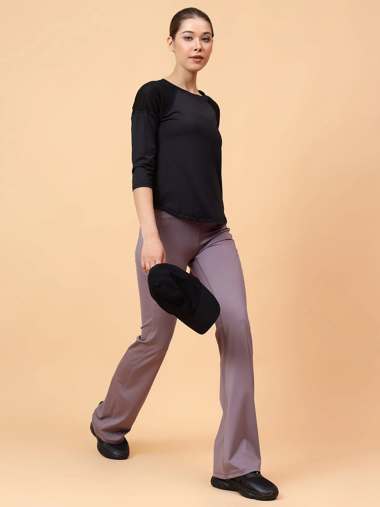 Fitkin Women Black Back Mesh Panel 3/4 Sleeve Tshirt