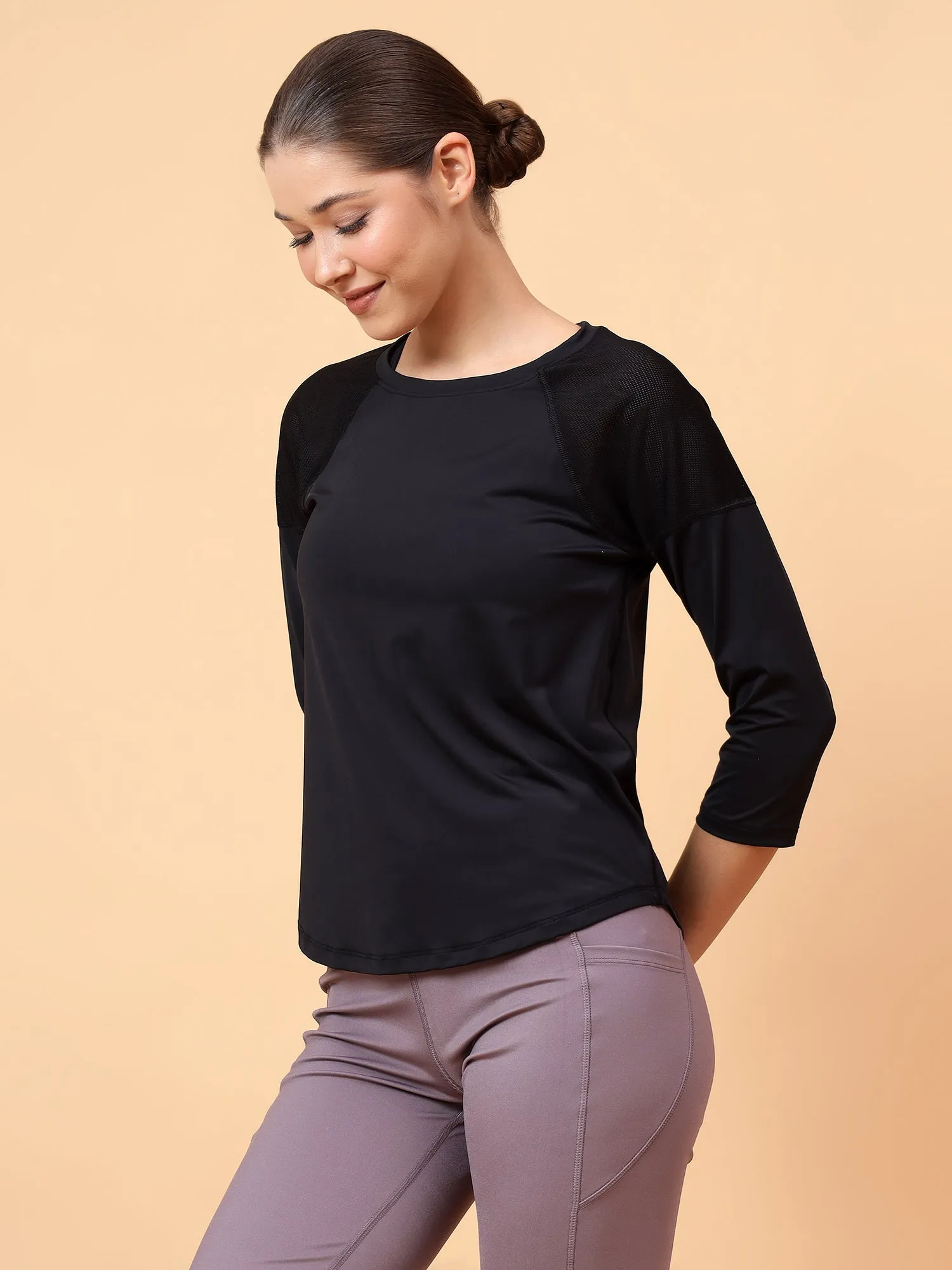 Fitkin Women Black Back Mesh Panel 3/4 Sleeve Tshirt