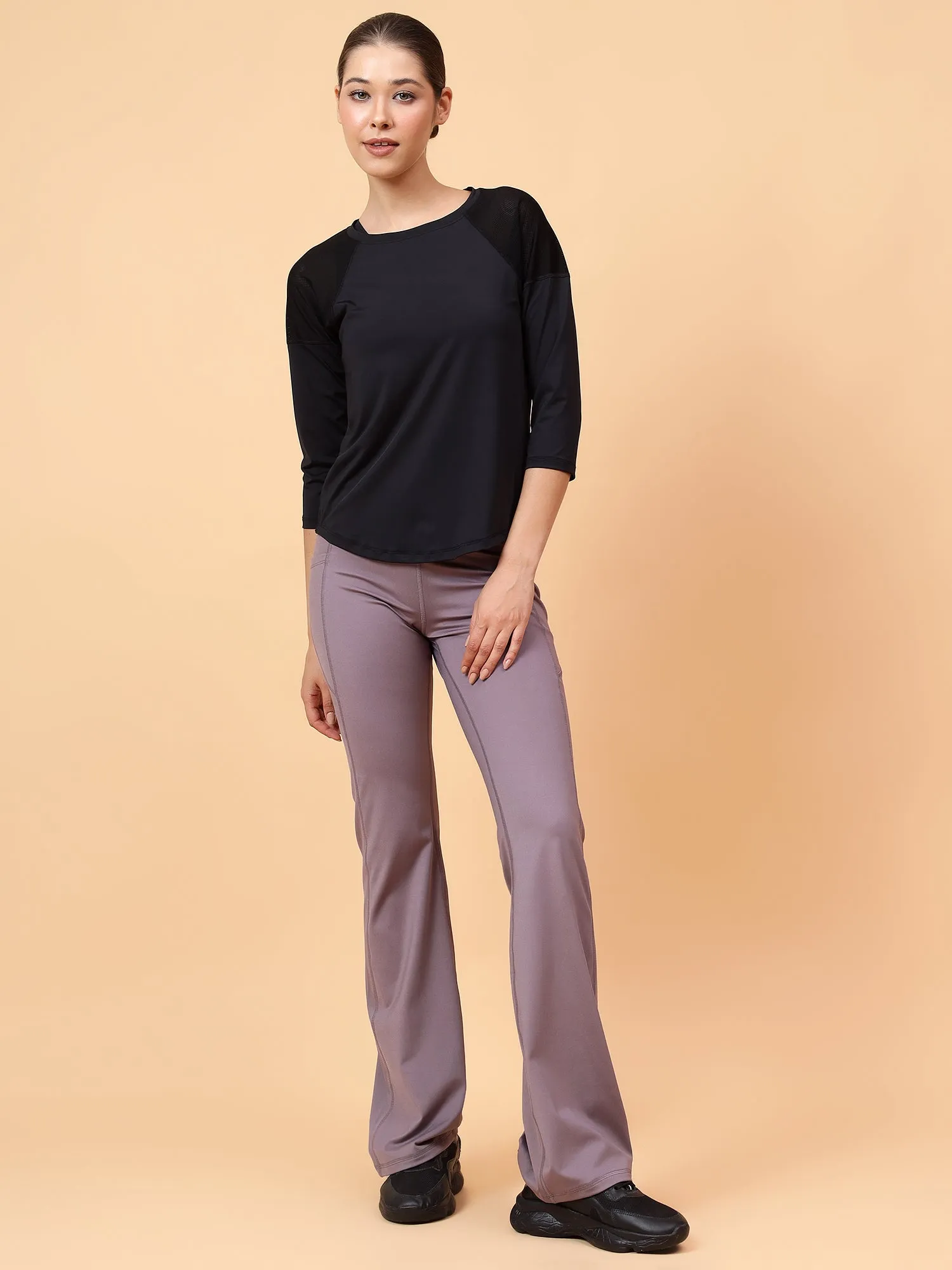 Fitkin Women Black Back Mesh Panel 3/4 Sleeve Tshirt