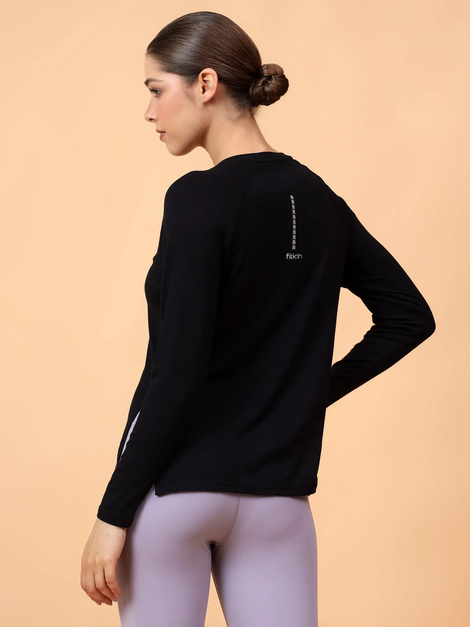 Fitkin Women Black Longsleeve Side Slit Tshirt