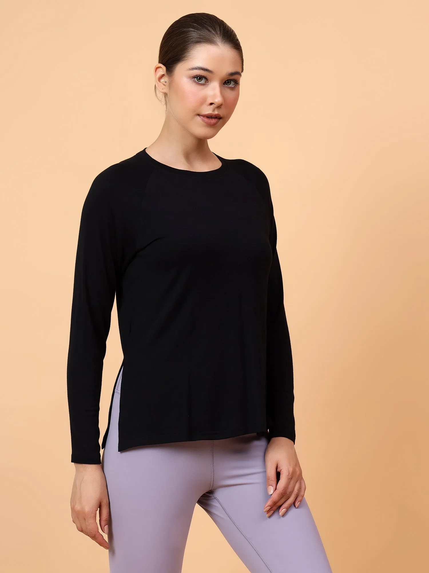 Fitkin Women Black Longsleeve Side Slit Tshirt