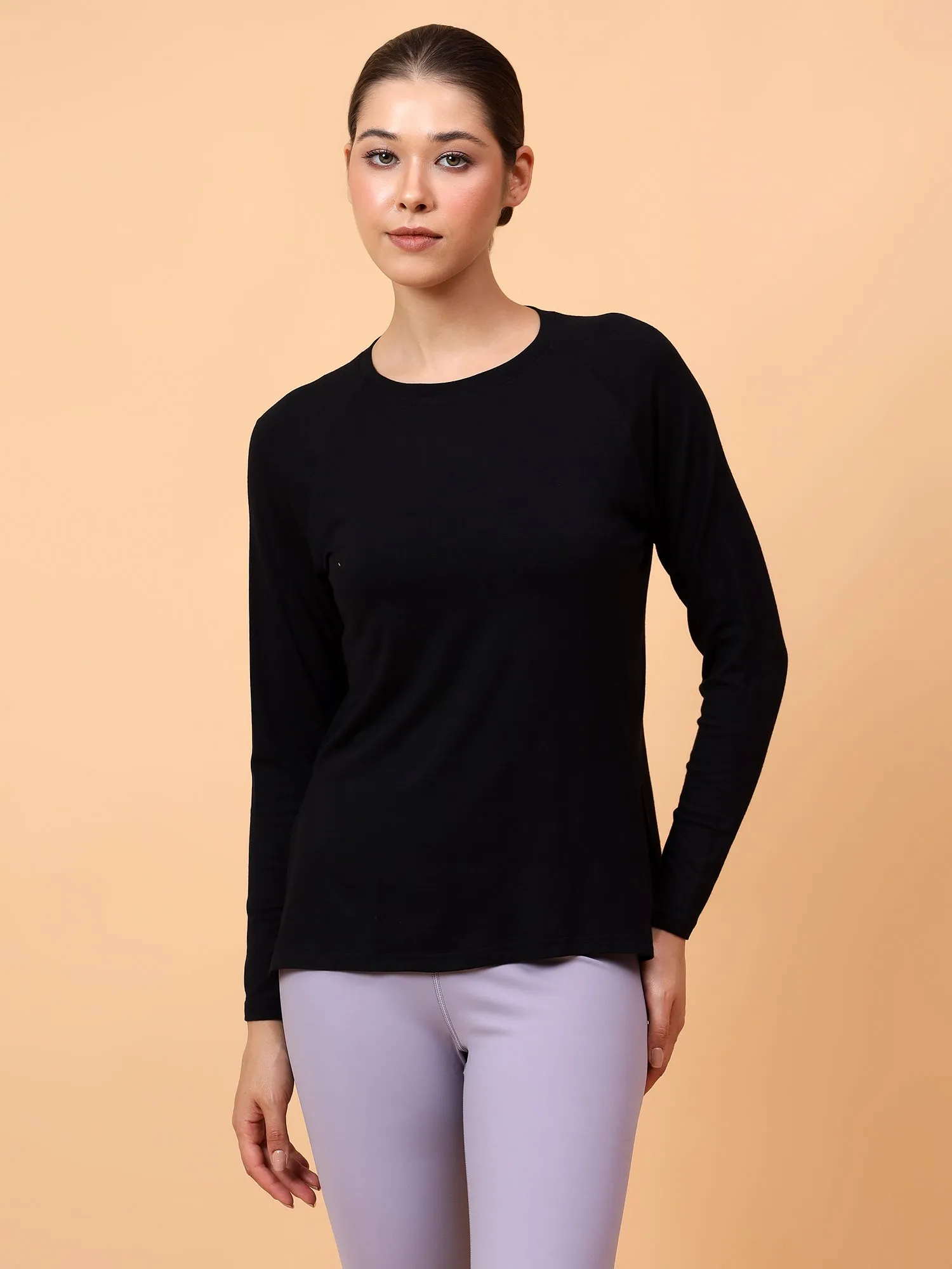 Fitkin Women Black Longsleeve Side Slit Tshirt