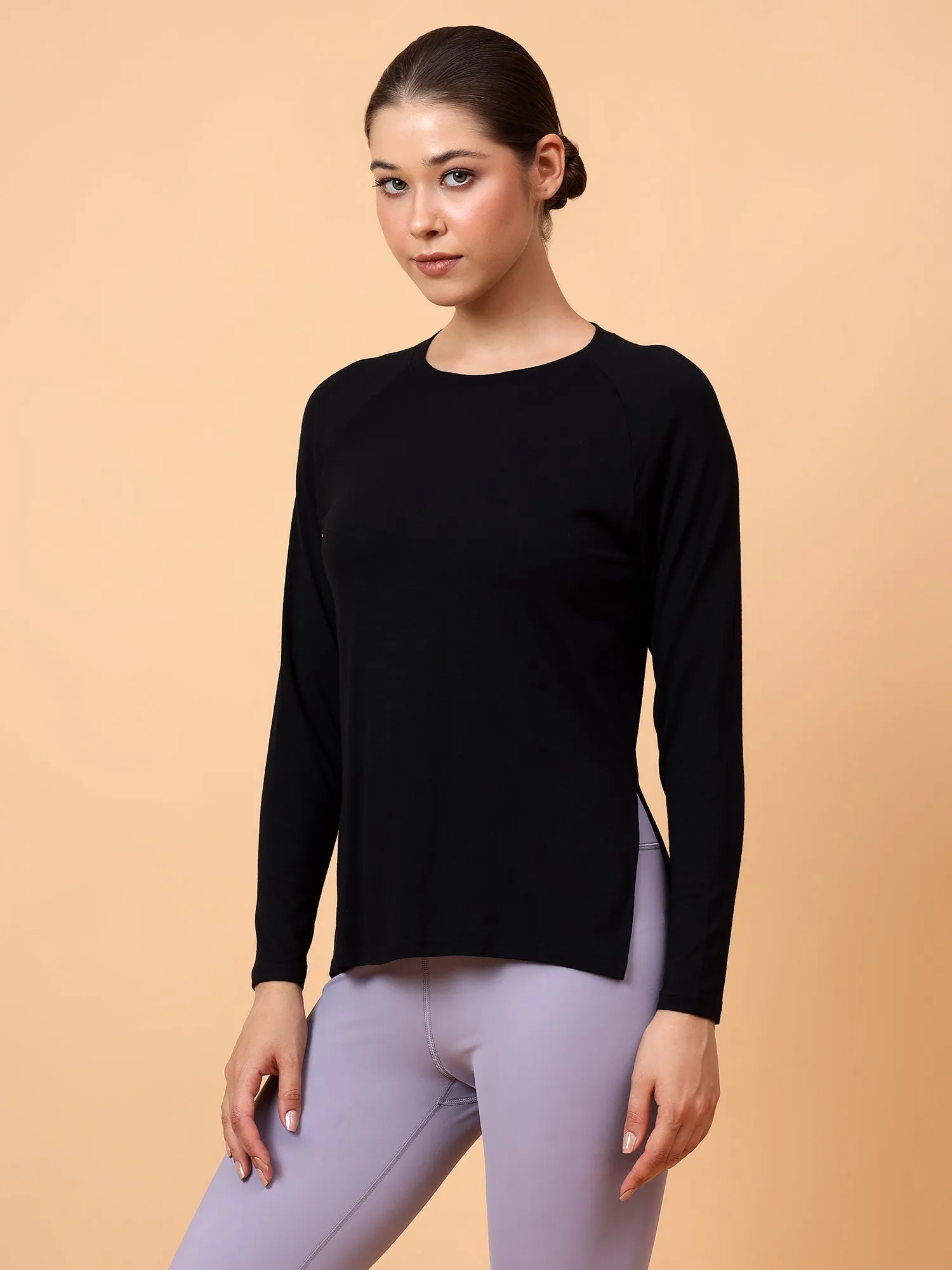 Fitkin Women Black Longsleeve Side Slit Tshirt