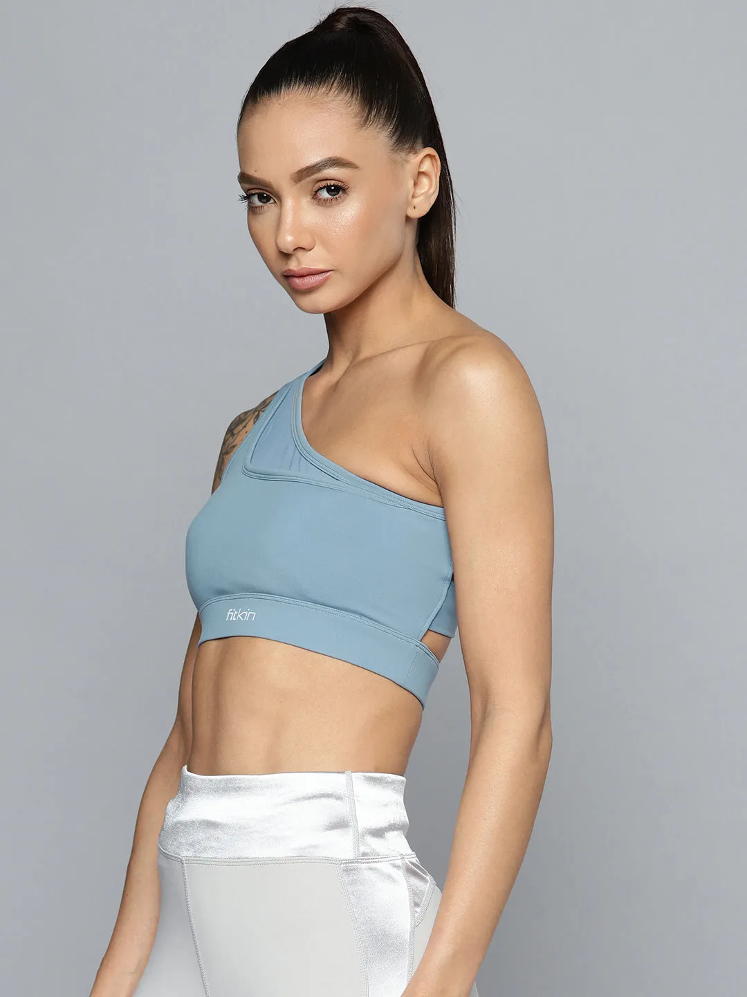 Fitkin Women Blue One Shoulder Sports Bra With Front Net Panel