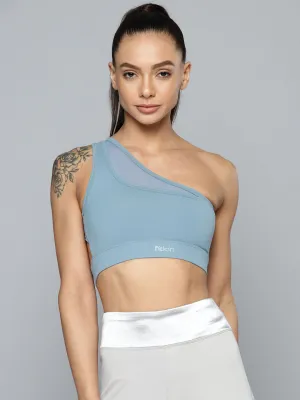 Fitkin Women Blue One Shoulder Sports Bra With Front Net Panel