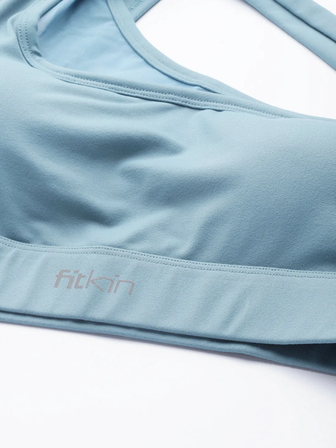 Fitkin Women Blue One Shoulder Sports Bra With Front Net Panel