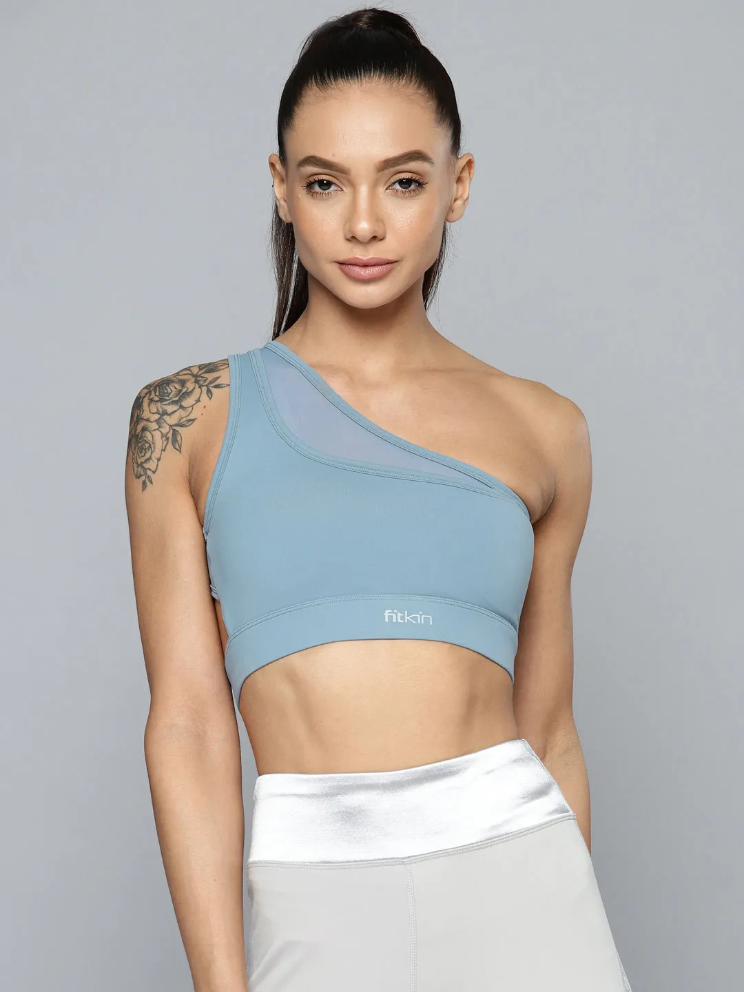 Fitkin Women Blue One Shoulder Sports Bra With Front Net Panel