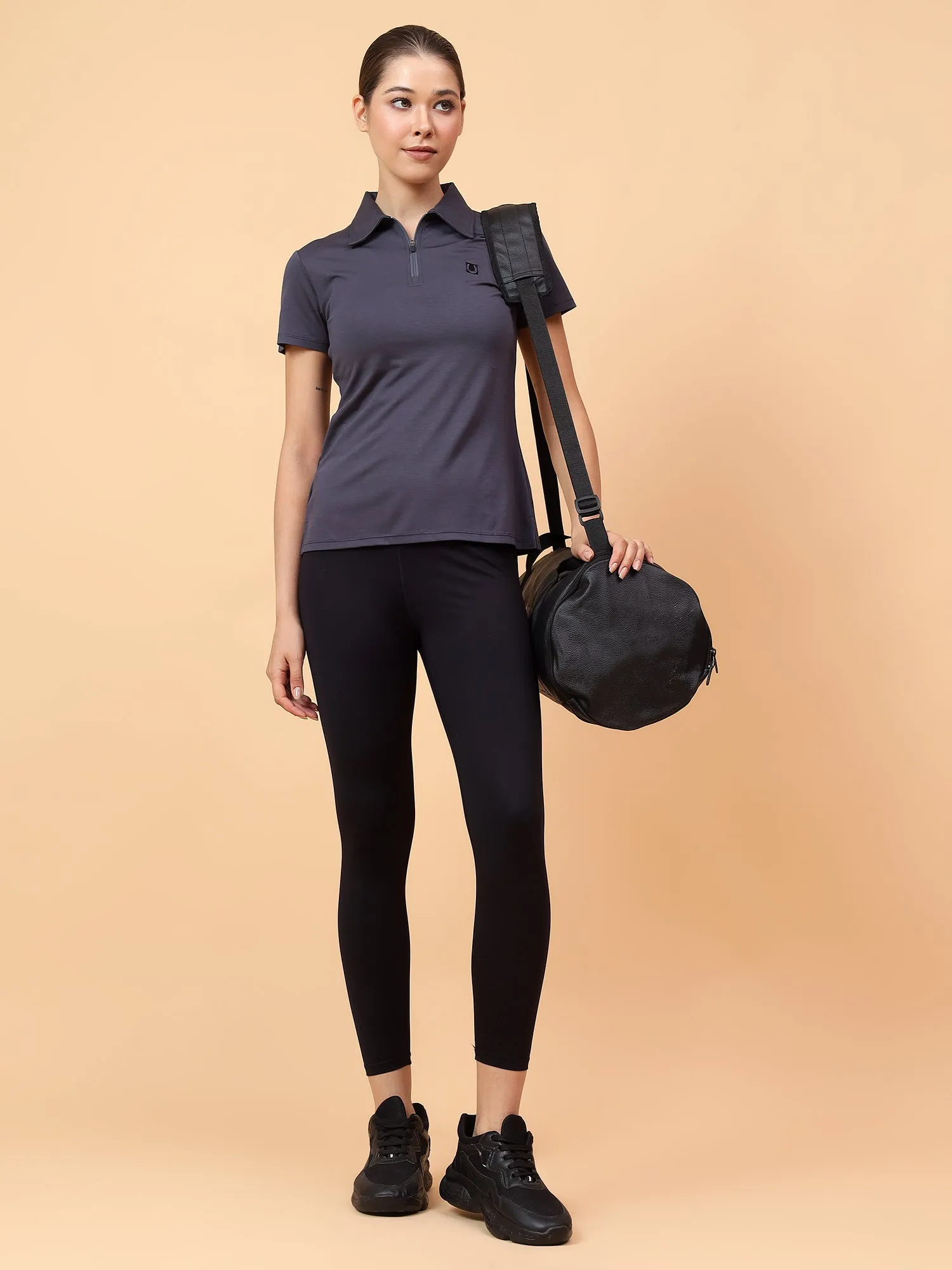 Fitkin Women Grey Front Zipper Polo Tshirt