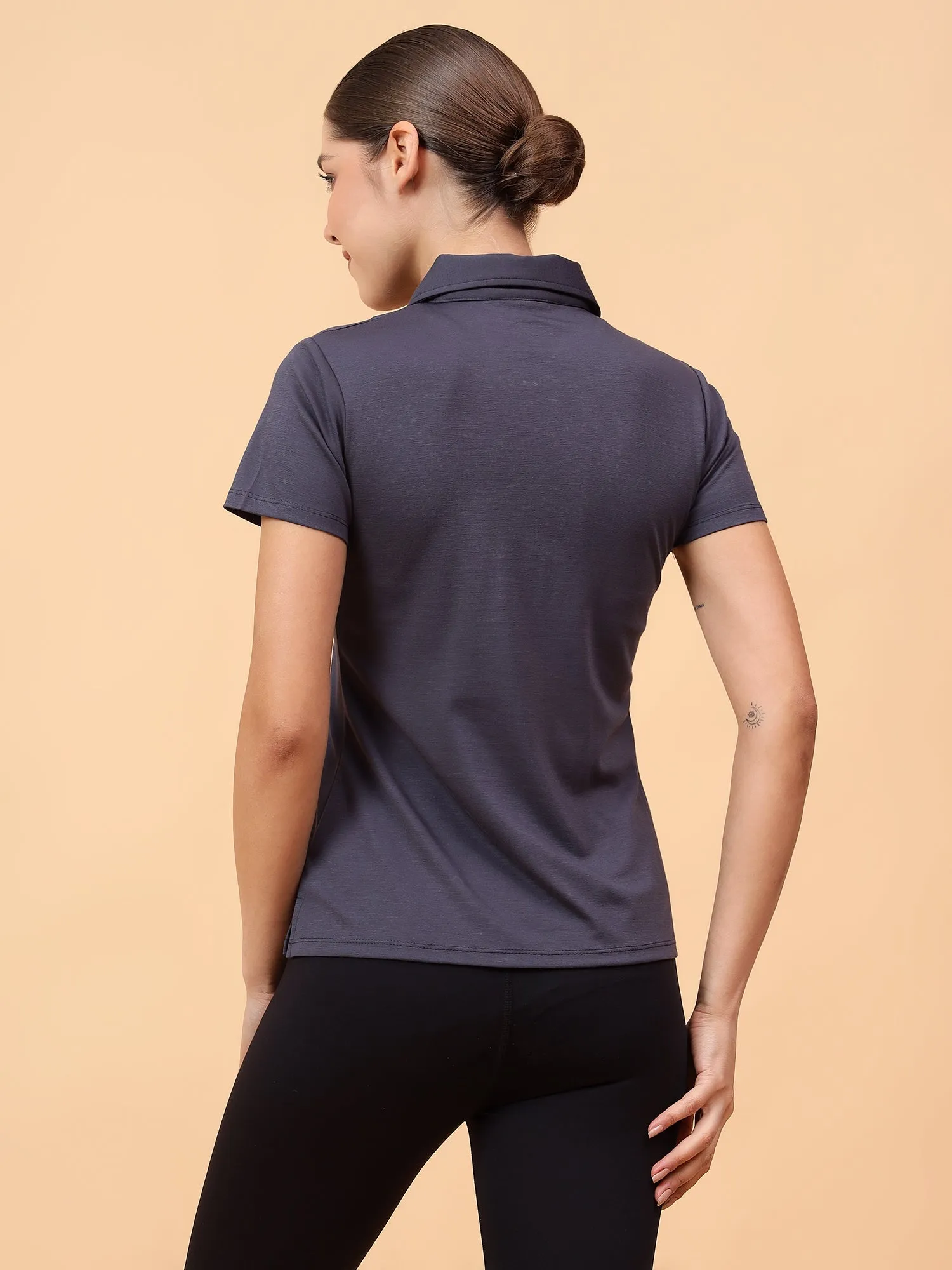 Fitkin Women Grey Front Zipper Polo Tshirt