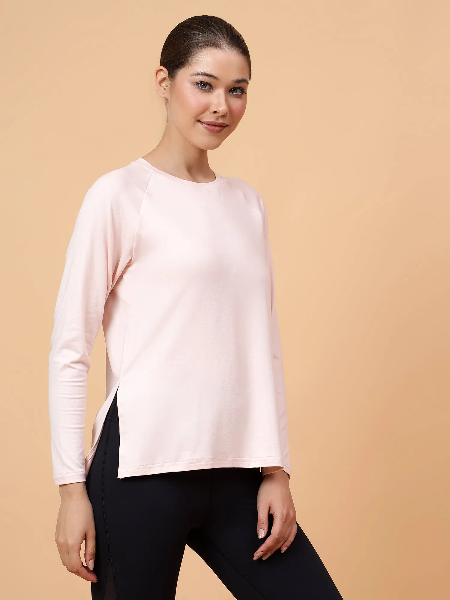 Fitkin Women Light Pink Long-sleeved Side Slit Tshirt