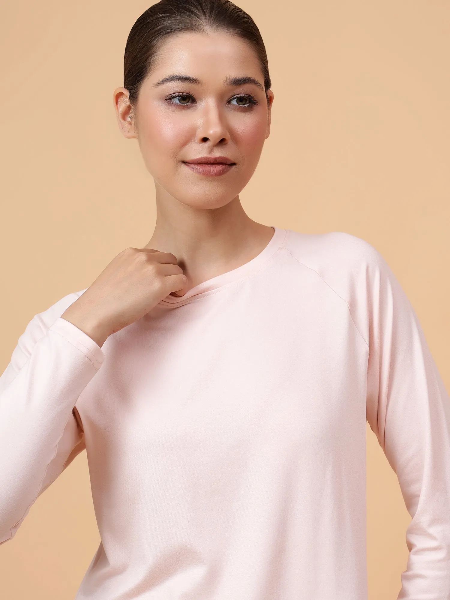 Fitkin Women Light Pink Long-sleeved Side Slit Tshirt