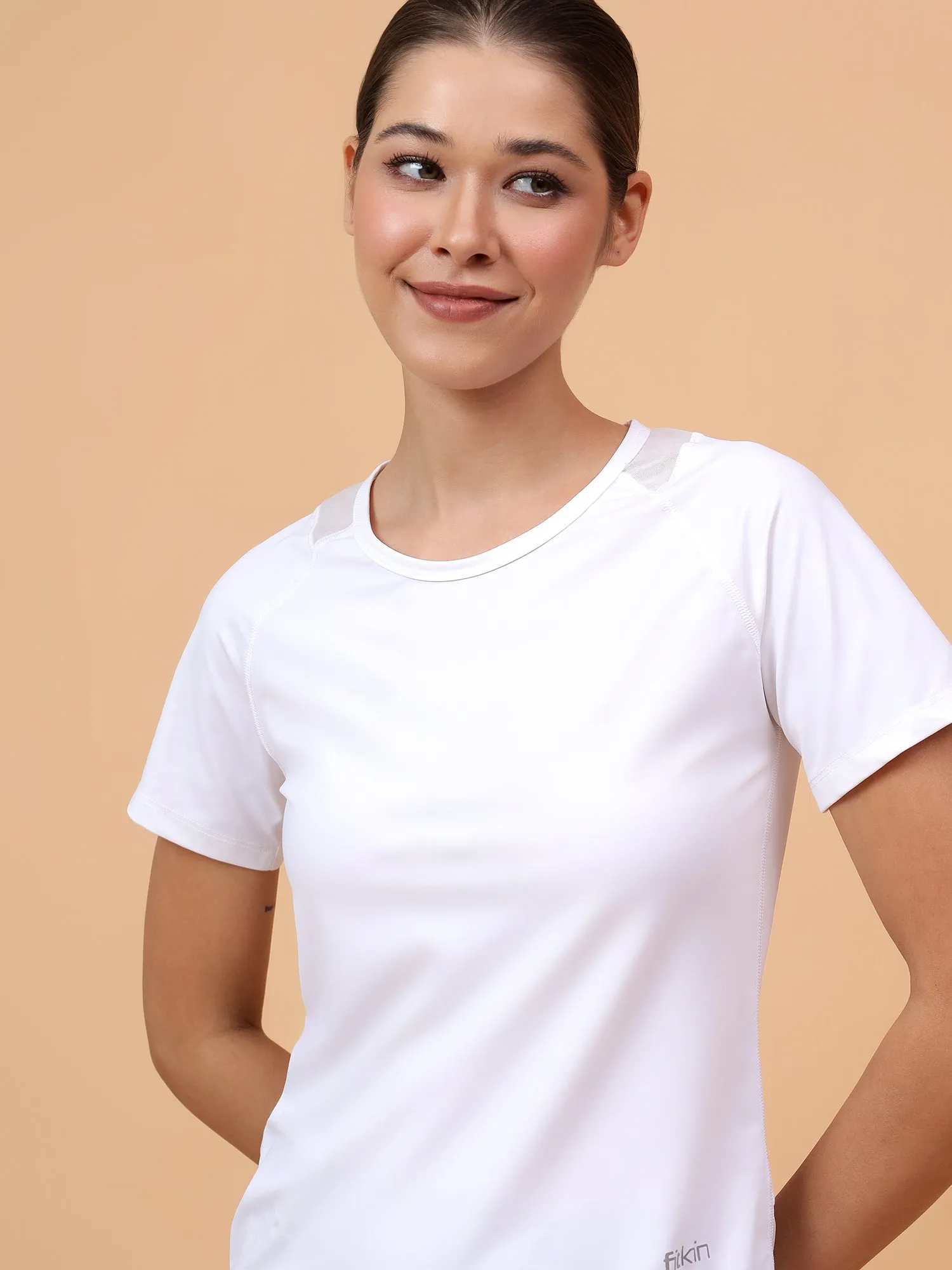 Fitkin Women White Solid Back Mesh Panel Tshirt