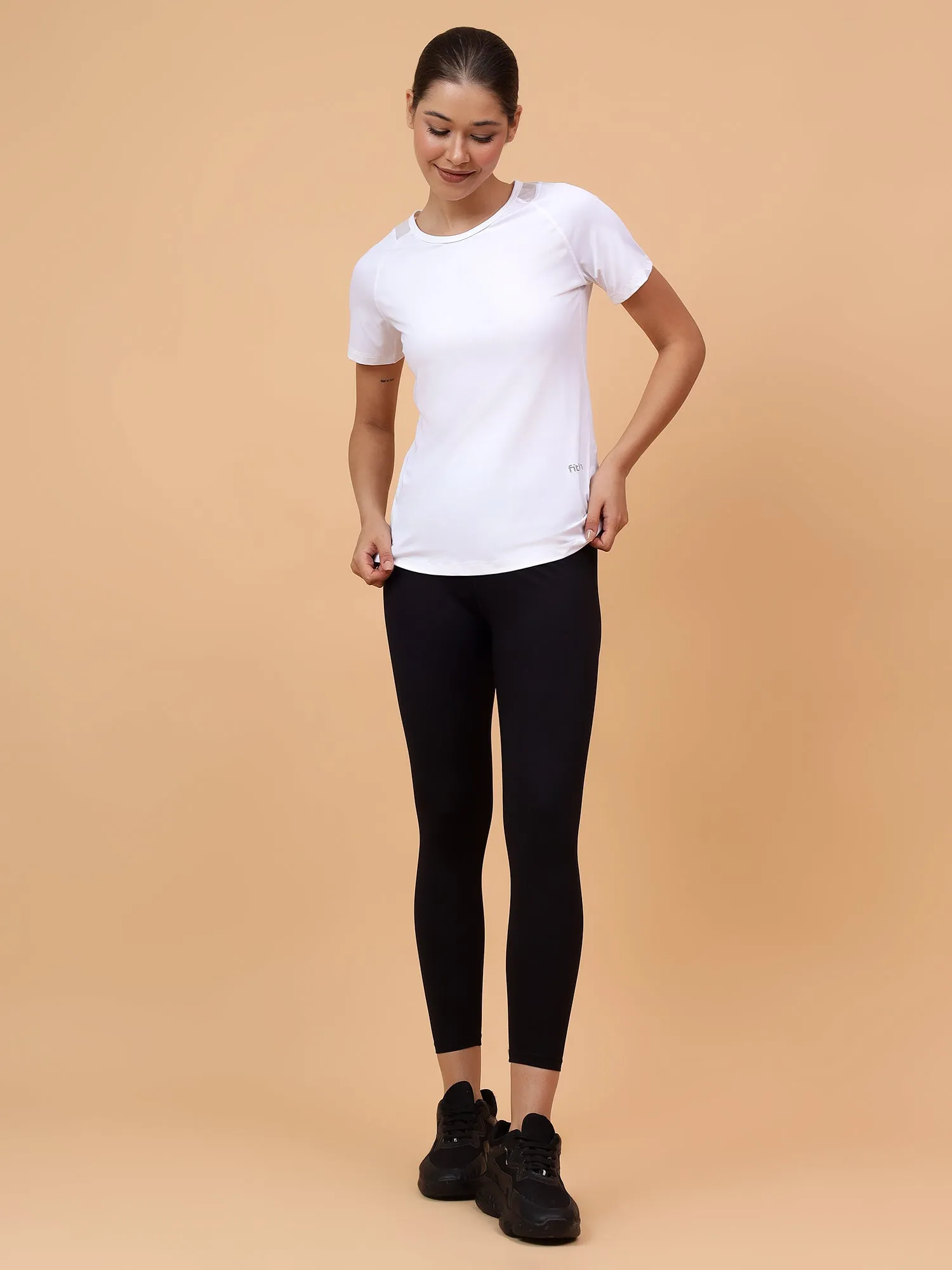 Fitkin Women White Solid Back Mesh Panel Tshirt
