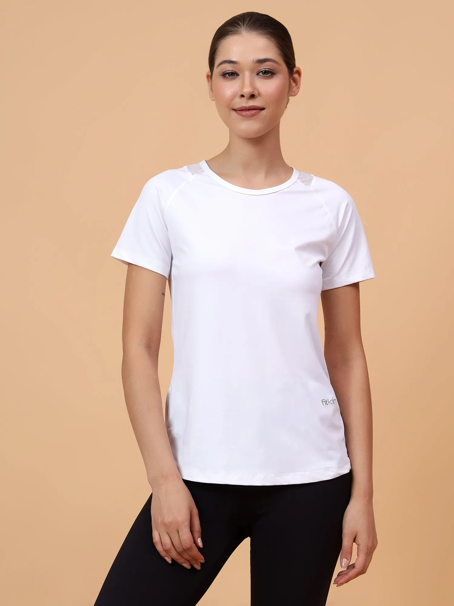 Fitkin Women White Solid Back Mesh Panel Tshirt