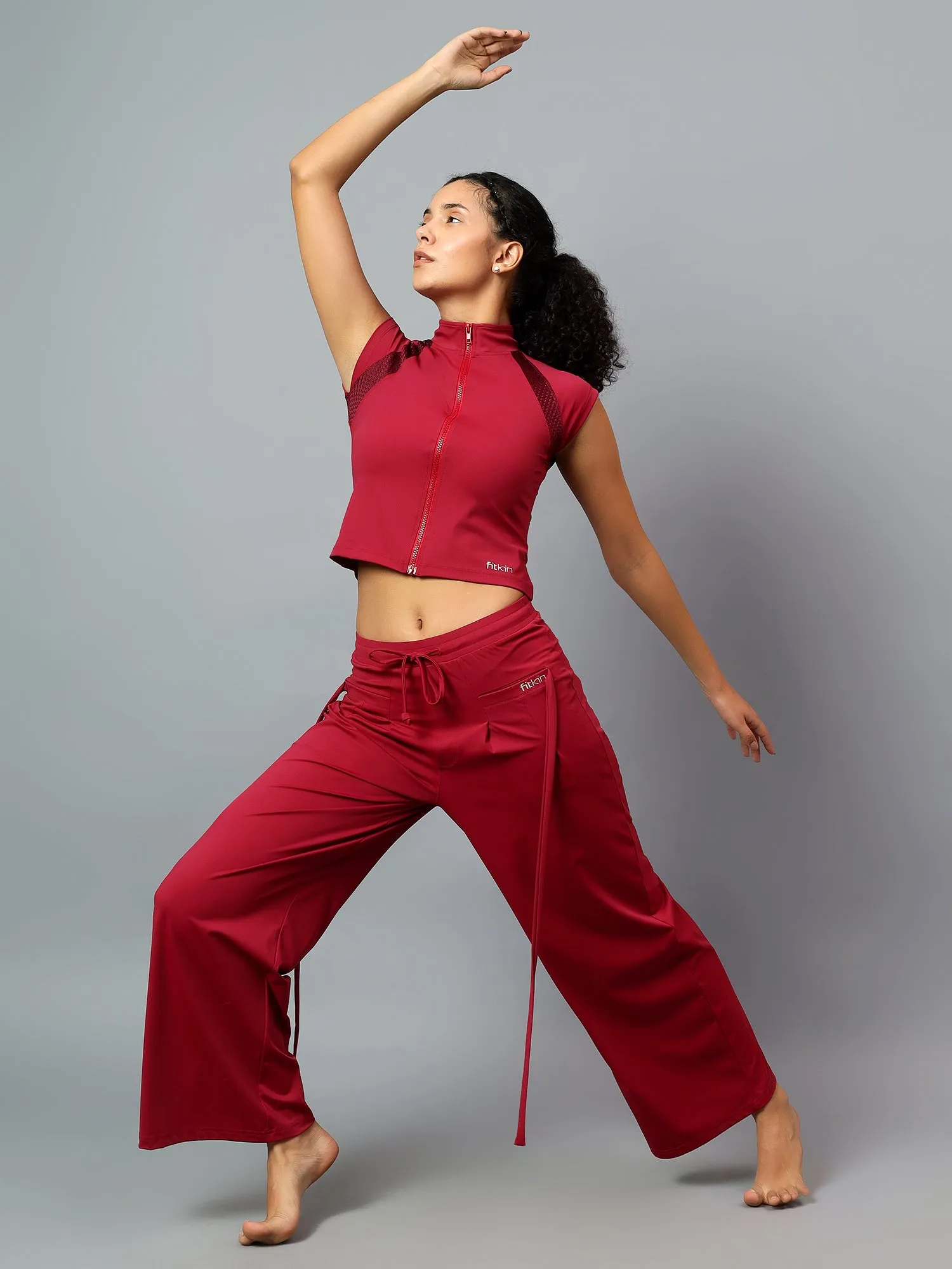 Fitkin Women Wine Free Style Yoga Top Pants Co-ord Set