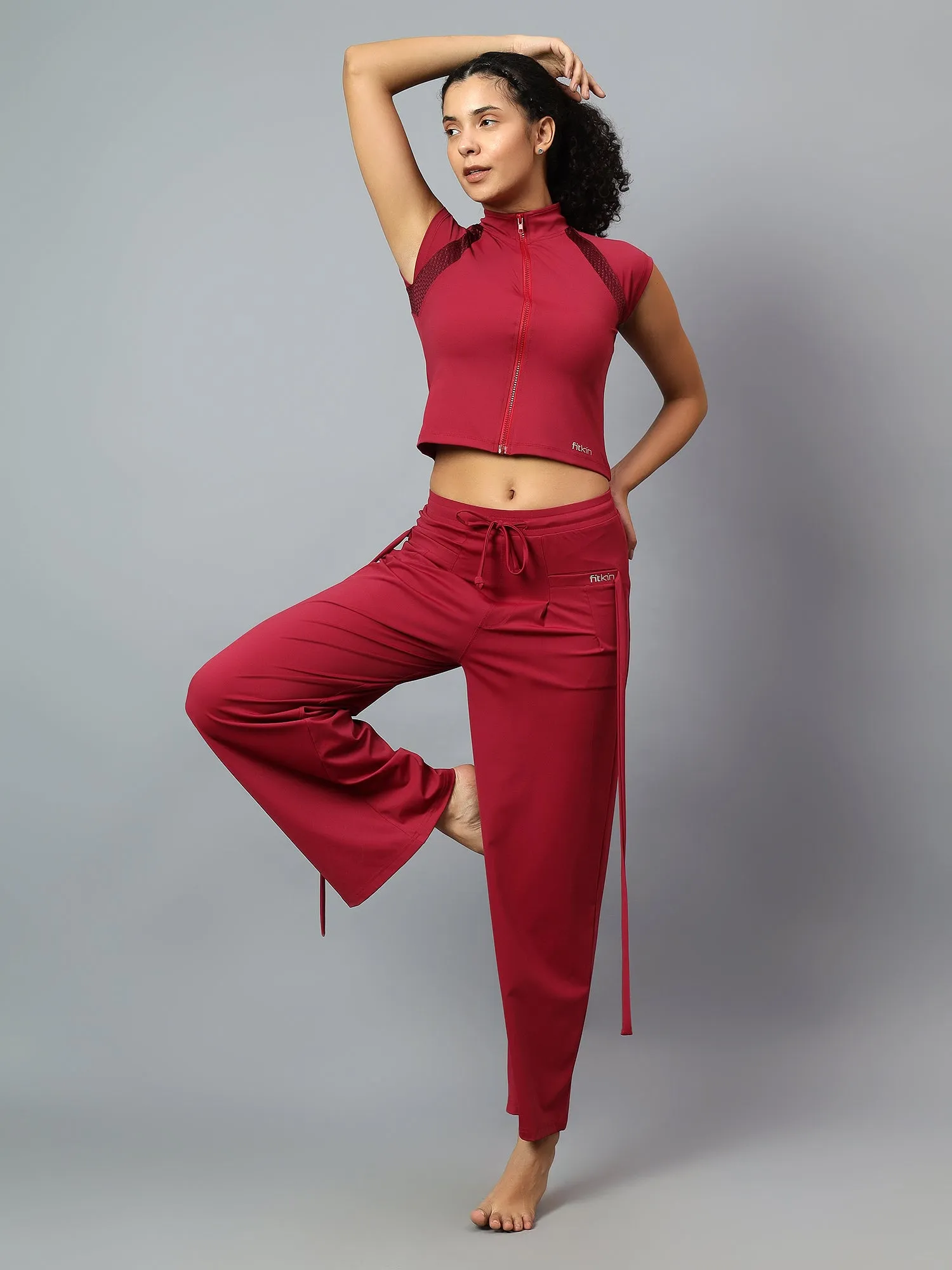 Fitkin Women Wine Free Style Yoga Top Pants Co-ord Set