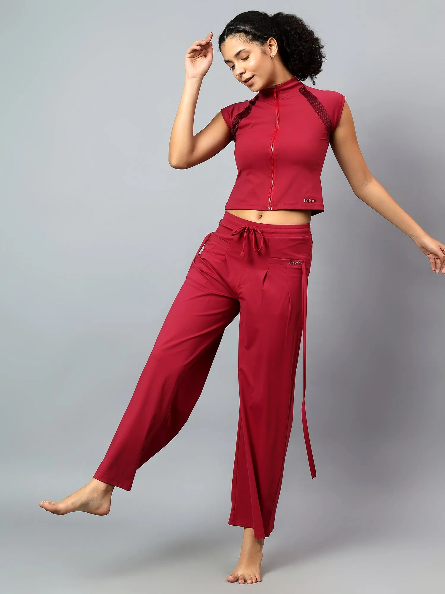 Fitkin Women Wine Free Style Yoga Top Pants Co-ord Set