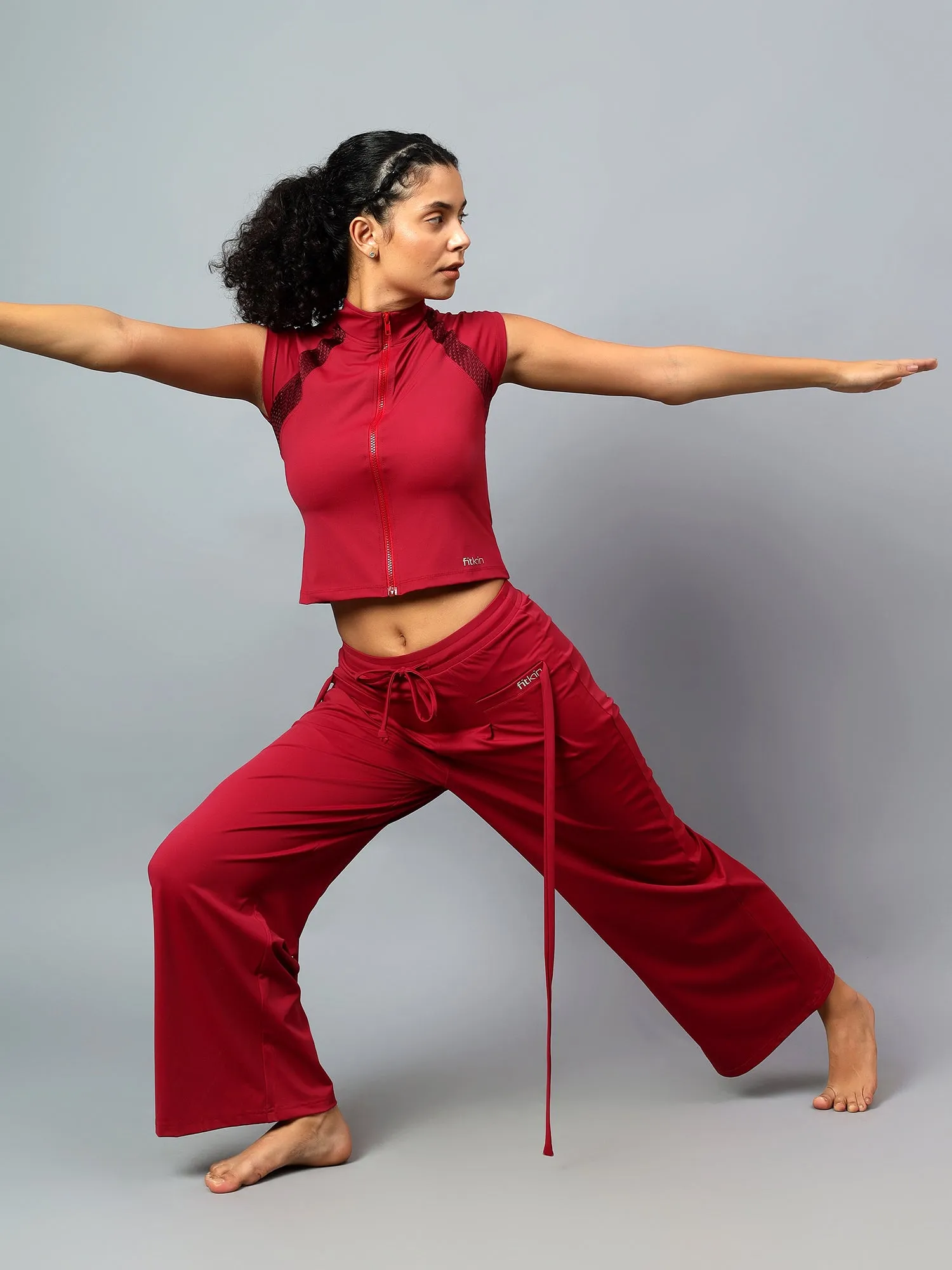 Fitkin Women Wine Free Style Yoga Top Pants Co-ord Set