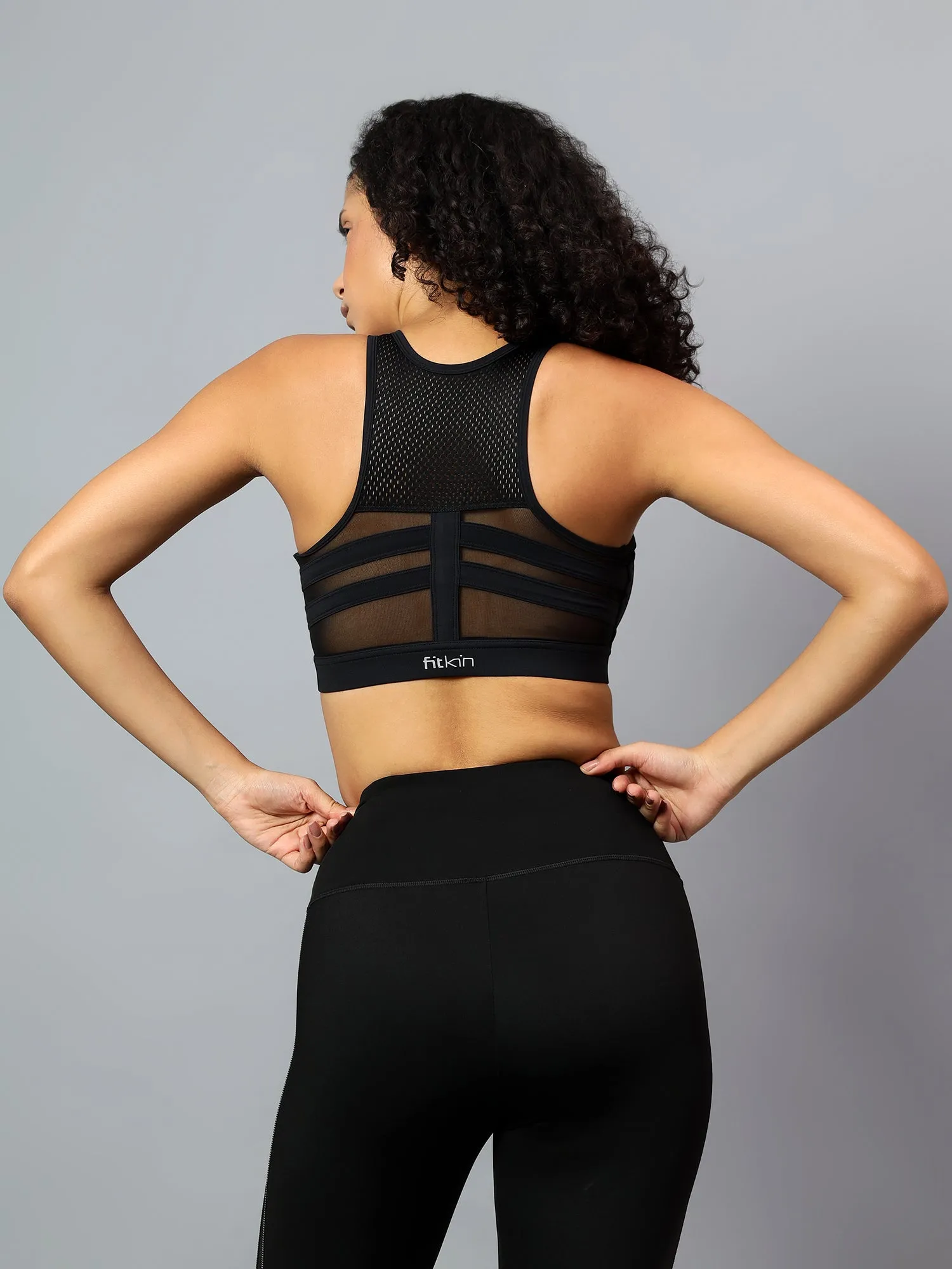 Fitkin Womens Black Front Open Zipper Sports Bra
