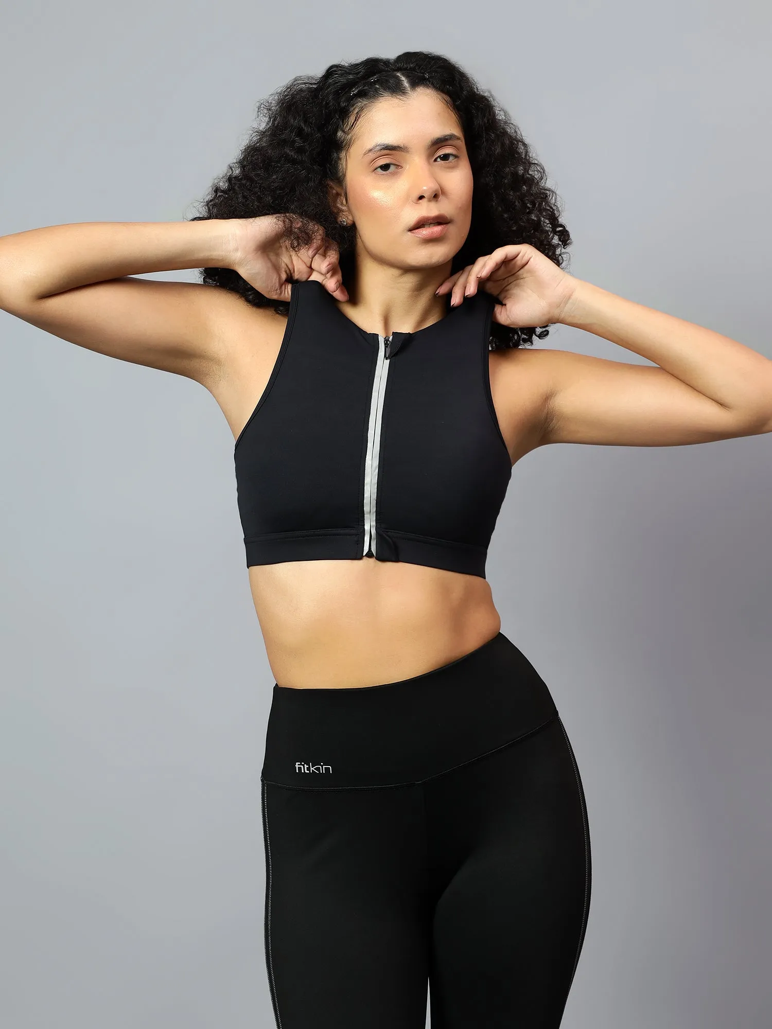 Fitkin Womens Black Front Open Zipper Sports Bra