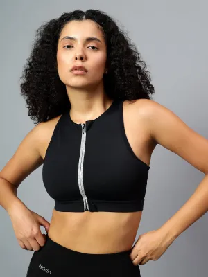 Fitkin Womens Black Front Open Zipper Sports Bra