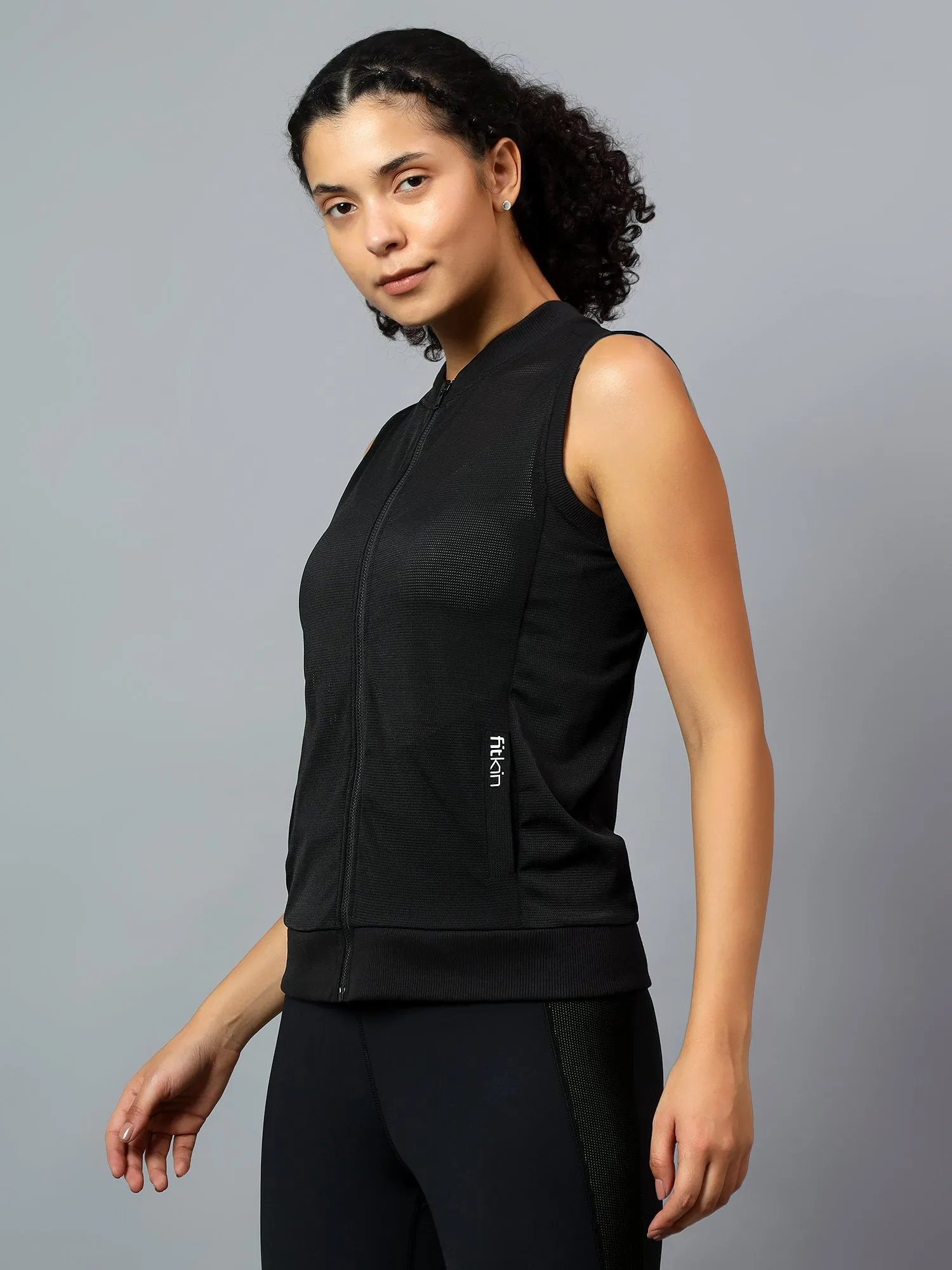 Fitkin Women's Black Light Cover Up Sleeveless  Jacket