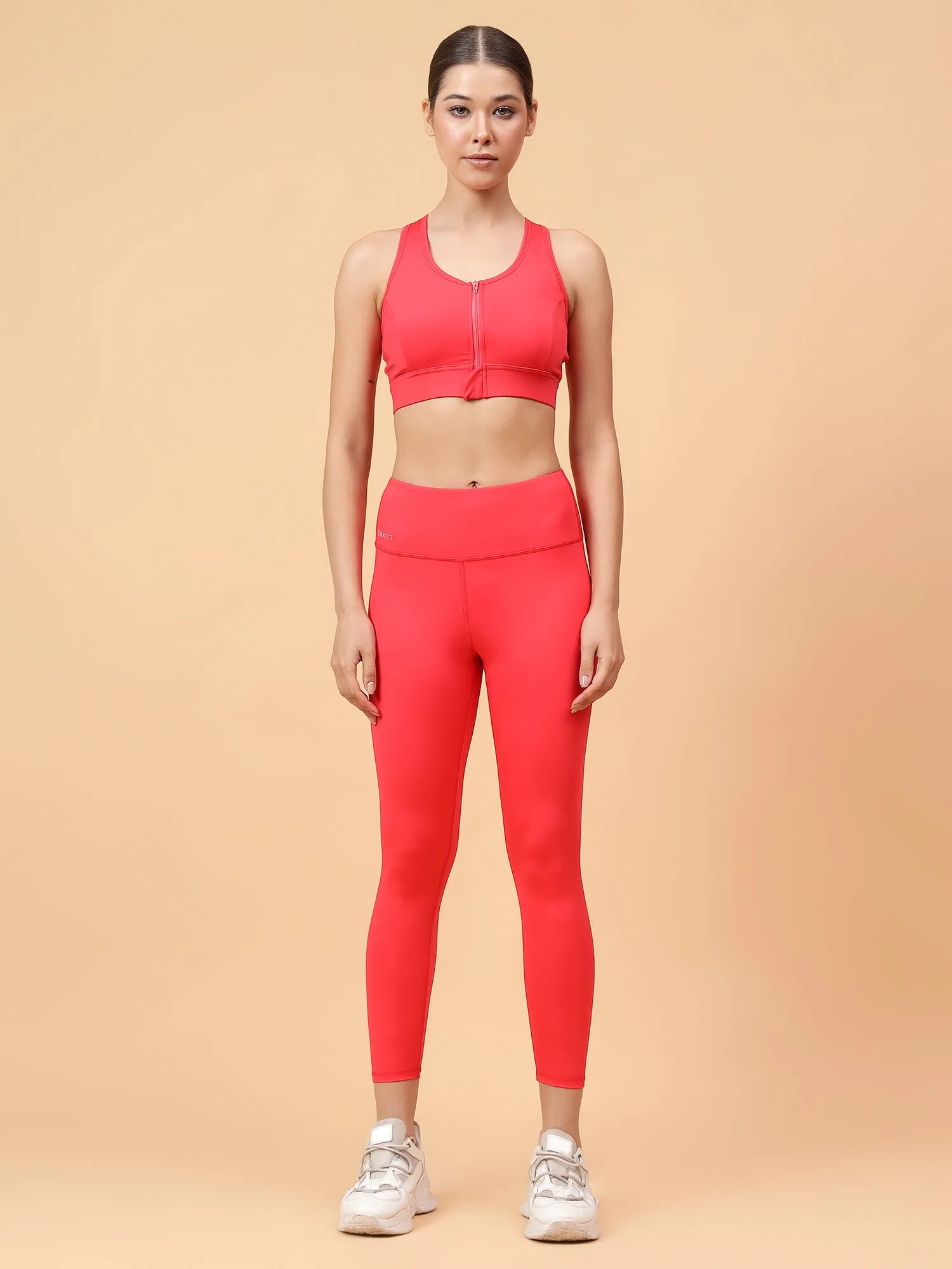 Fitkin Women's Red Front Zipper Sports Bra