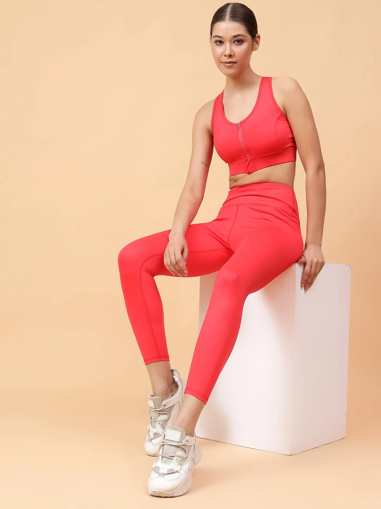 Fitkin Women's Red Front Zipper Sports Bra