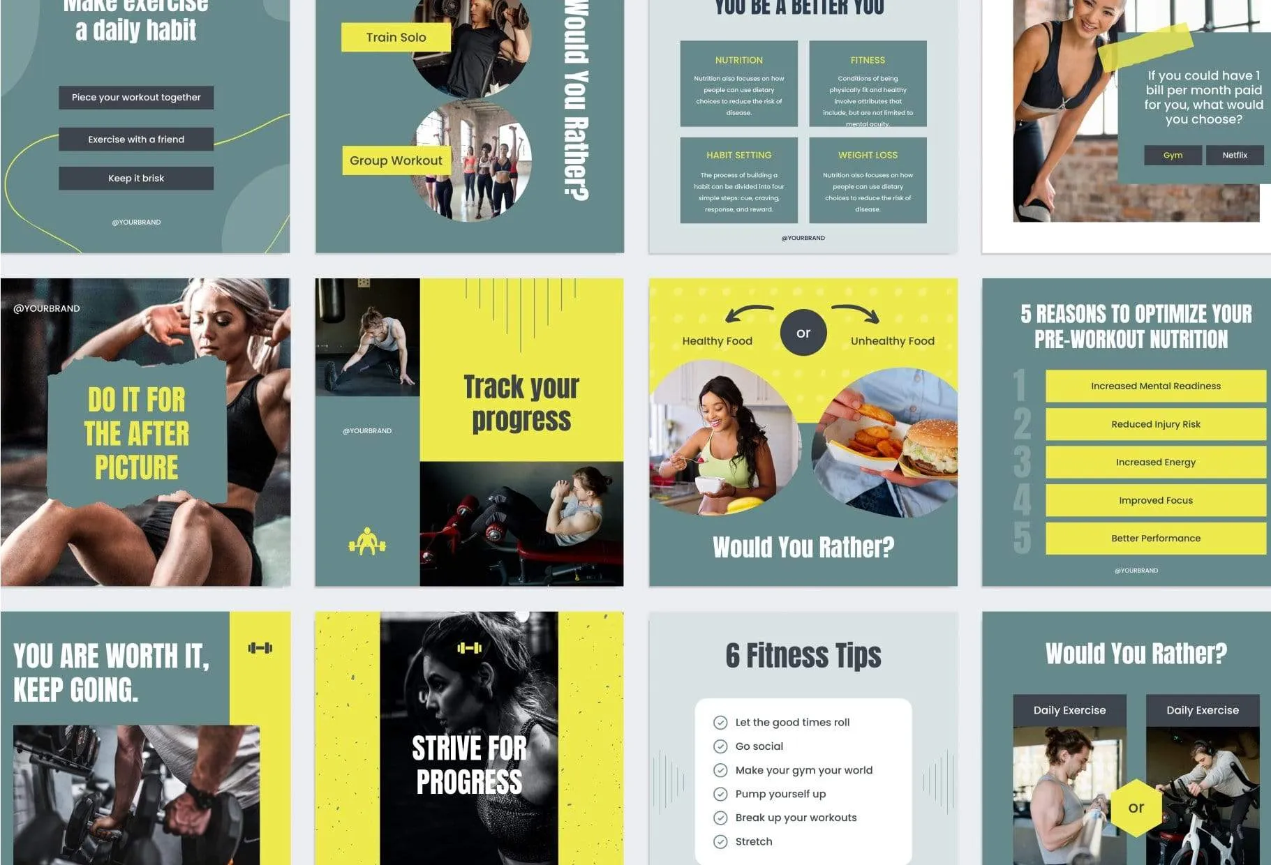 FITNESS DARK CYAN 97 Done-for-You Fitness Instagram Posts Fully Editable Canva Templates