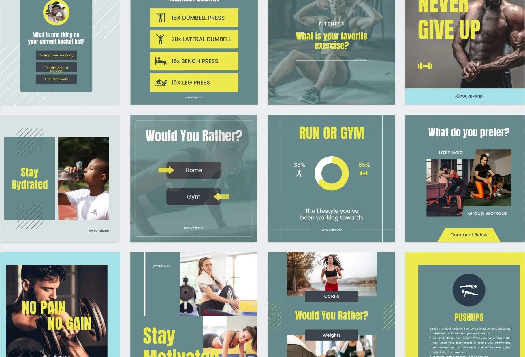FITNESS DARK CYAN 97 Done-for-You Fitness Instagram Posts Fully Editable Canva Templates