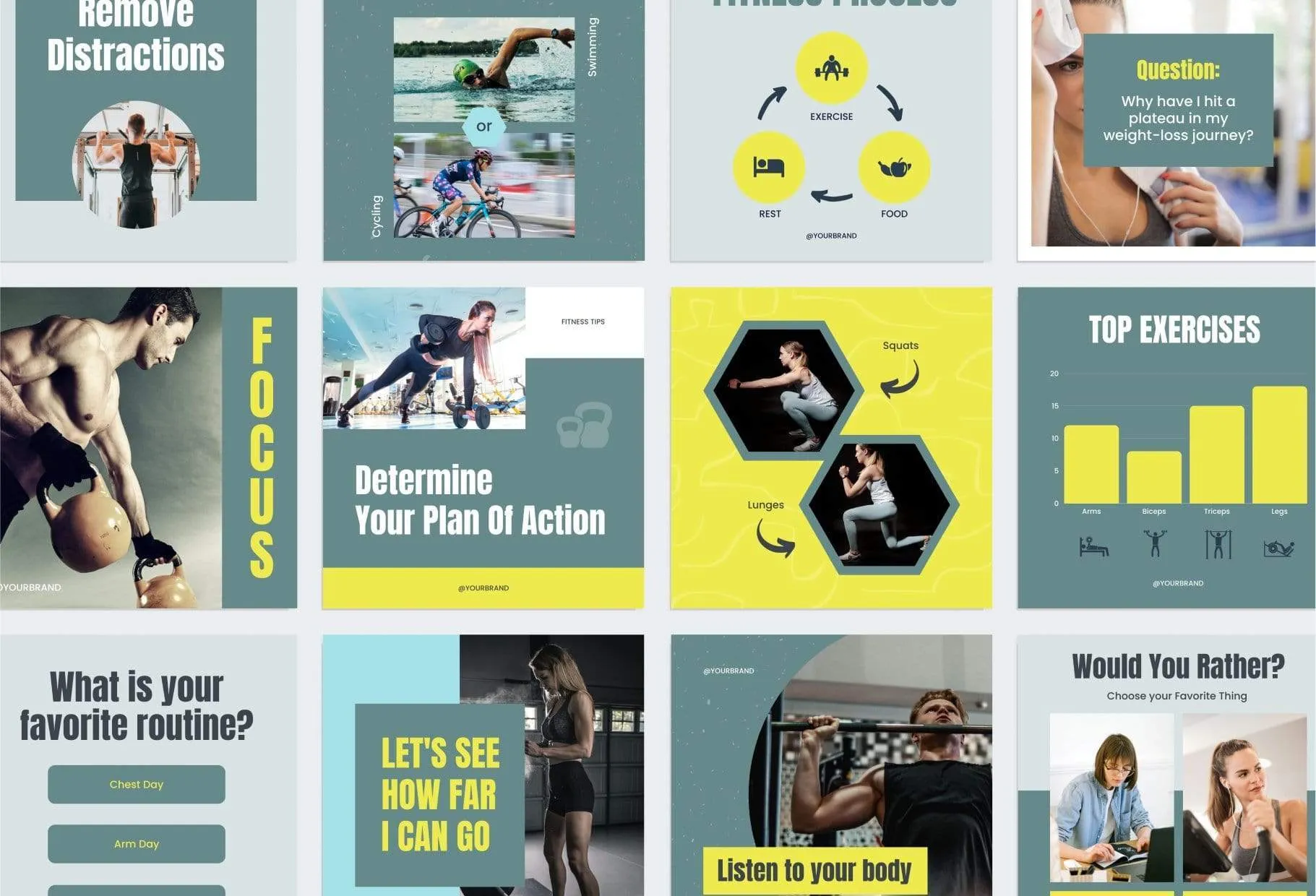 FITNESS DARK CYAN 97 Done-for-You Fitness Instagram Posts Fully Editable Canva Templates