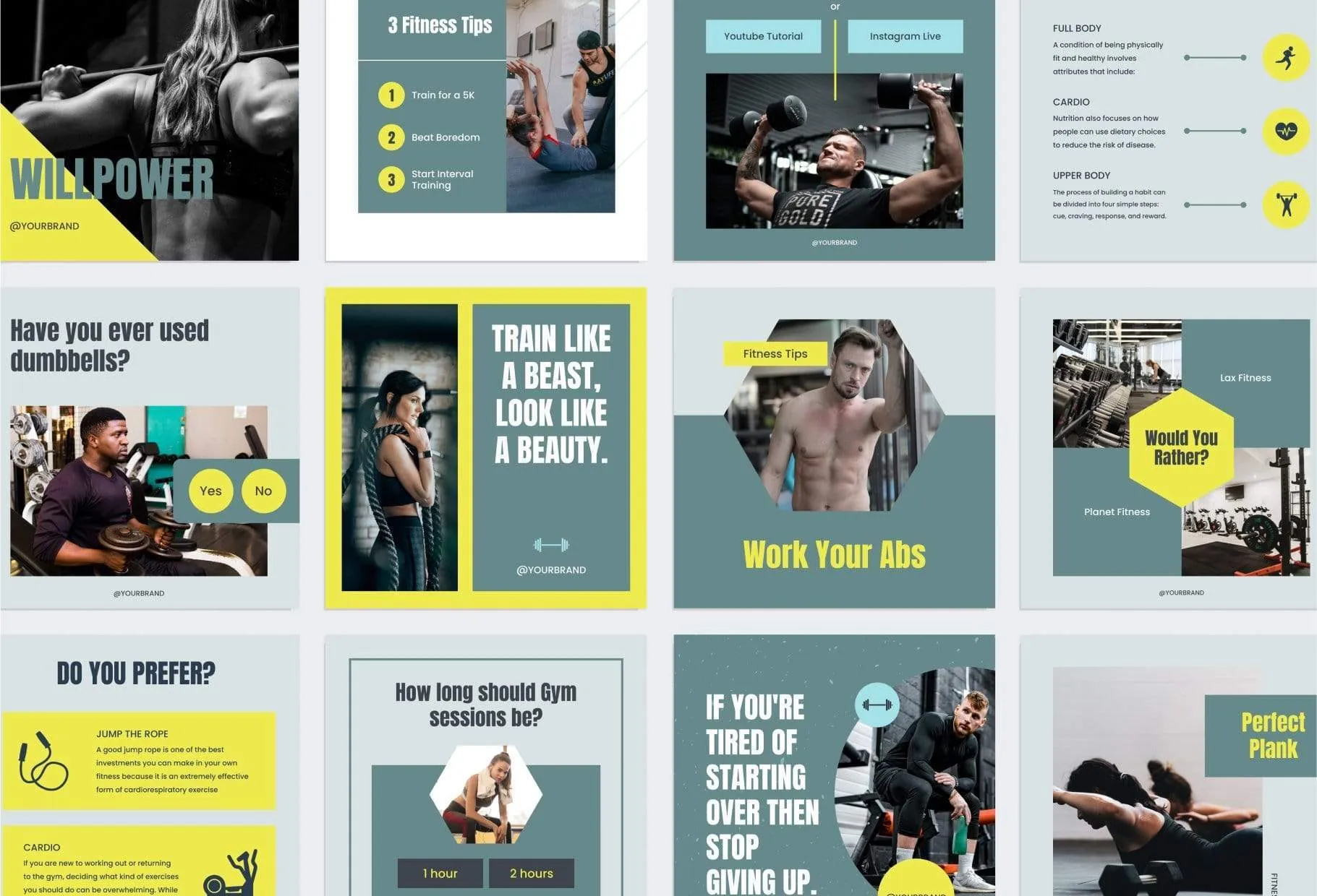 FITNESS DARK CYAN 97 Done-for-You Fitness Instagram Posts Fully Editable Canva Templates