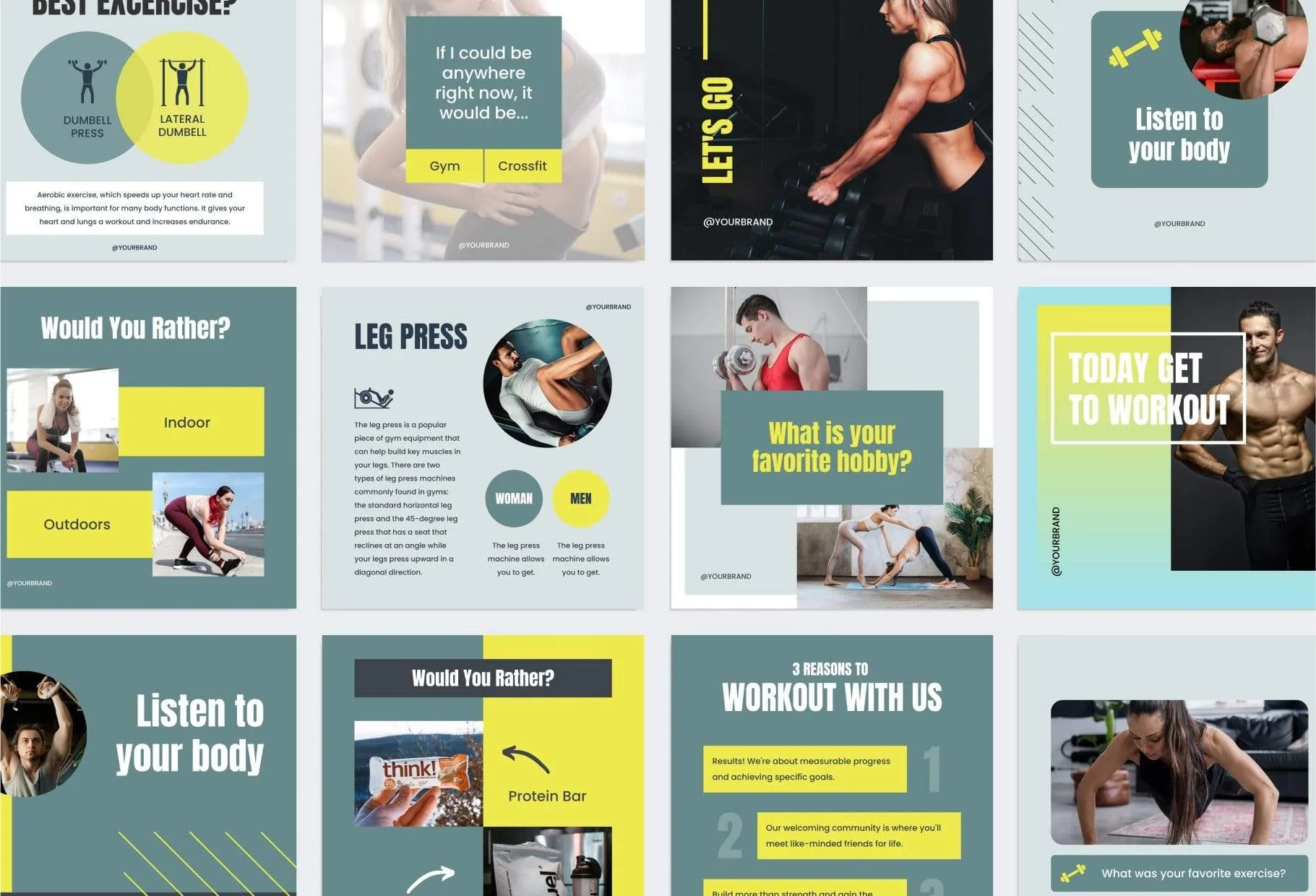 FITNESS DARK CYAN 97 Done-for-You Fitness Instagram Posts Fully Editable Canva Templates